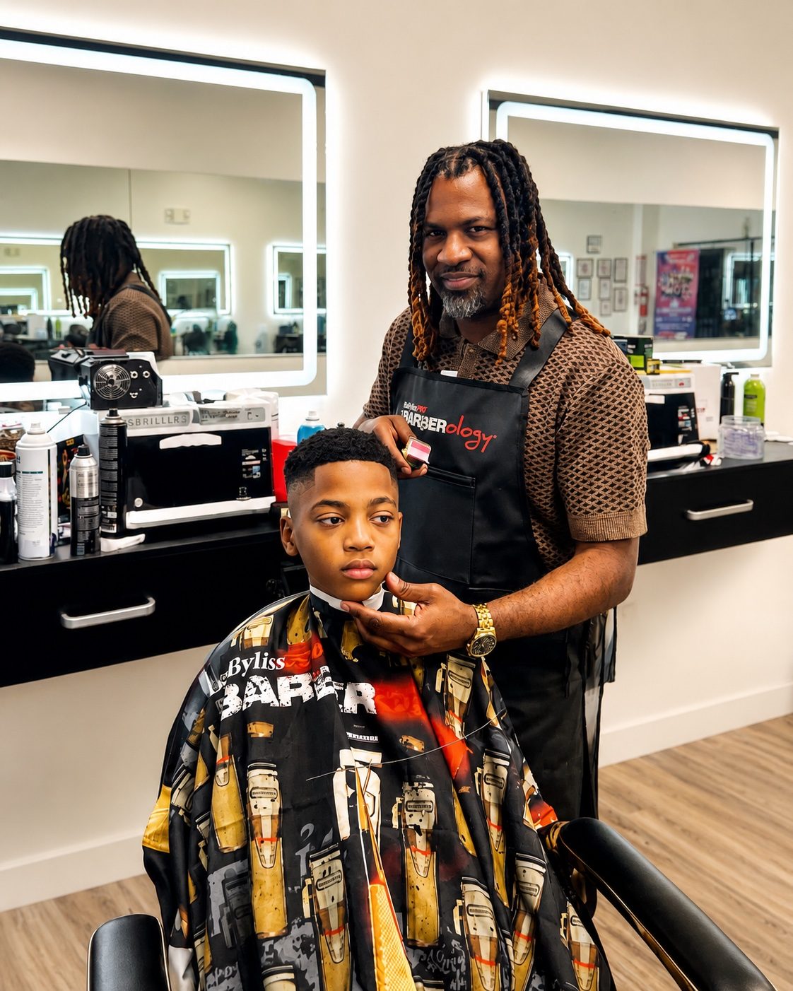 Barber standing with a seated client inside Rony’s The Barbershop.